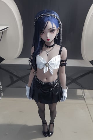 1 little girl, sexy, gothic girl with long hair, black eyeliner, black painted lips, tight clothing, exposed navel, short skirt, chain, gloves, platinum gray eyes, very dark blue hair, piercings ear,1 small mole on face, multiple panels