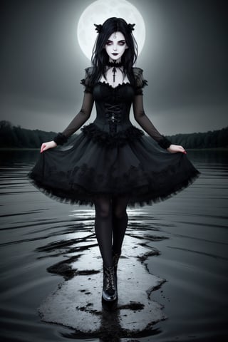 (best quality, vivid colors, realistic), spooky background, gothic style, short black dress, legs exposed dark lighting, intense dark ominous expression, eerie atmosphere, floating over a dark lake, detailed eye makeup, long eyelashes, hauntingly beautiful, mystic aura, eerie smile, hauntingly elegant, ghostly presence, full body,  long black and gray hair, heavy black mascara around eyes