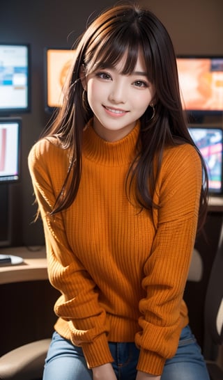 portrait of a extremely stunnig pretty and beautiful woman, Japanese German, Indian Beauty, wearing a orange highneck long_sleeve knit sweater (orange), skin tight knit sweater and skiny jeans, perfect face, K-pop girl loli face, perfect eyes, black straight long hair, hime-cut bangs, HD details, high details, sharp focus, studio photo, HD makeup, shimmery makeup, celebrity makeup, ((centered image)), (HD render)Studio portrait, magic, magical, fantasy, gaming at e-sports venue:1.3), inside, light grin smile, Extremely Realistic, arms down, top nagle, face focus, face close up, 