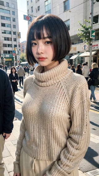 (Candid photography:1.3) photo of a beautiful woman, (long hime cut hairstype:1.3), (short hair:1.3), dressed in a beige cowl neck sweater, long pants, cowl neck sweater, walking in the center of the city, upper body, soft diffused lighting, eye level, shot on Aaton LTR with technicolor, (in style of Tyler Shields:1.2)