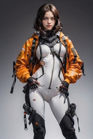 1 girl, solo girl, Lady, full body, dark brown hair, Girl wearing white tech bodysuit, breasts appear, grey sports leggings, tech harnesses, cargo, straps, tech wear, military jacket red pilot, front image, symmetrical image, plain background, no background, gradient background, camel_toe, no background, round ass, front image, symmetrical image, 