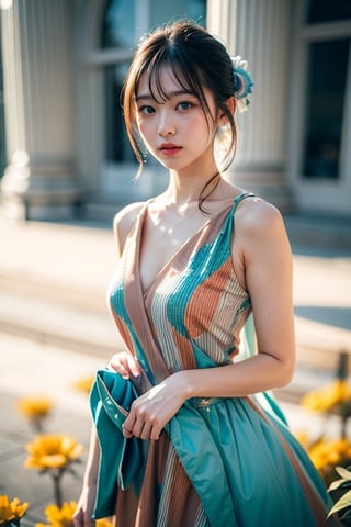 woman, flower dress, colorful, darl background,blue theme,exposure blend, medium shot, bokeh, (hdr:1.4), high contrast, (cinematic, teal and orange:0.85), (muted colors, dim colors, soothing tones:1.3), low saturation,asian girl,1 girl,chinatsumura