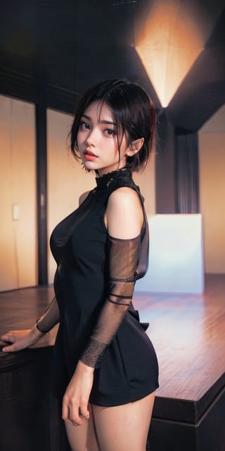 90’s Japanese film poster style, (masterpiece),(Satomi) , perfect anatomy, ((modern fashion one-piece dress)), dim light, muted color, (ultra detailed background of modern interior in a dark black room) ,(short hair),Sexy,girl,perfect,Enhance, FUJI, Satomi,Sexy Pose