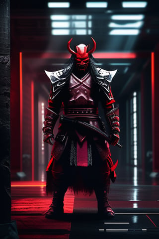 Full shot, 2man, monster (male:1.1), solo, red skin, ((Oni, demon, fangs:1.2)), solo, upper body, looking down, detailed background, detailed face, (post-apocalyptic dark dystopian theme:1.1), samurai, French lilac samurai clothing, samurai helmet, angry, bushido, banner in background, cinematic atmosphere, ((masterpiece)), ((best quality)), (ultra-detailed), (photorealistic), ((extremely detailed CG 8k wallpaper)), HDR