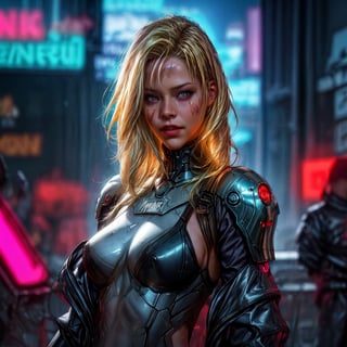 Warrior woman paladin with glowing   aura around body, armored rpg cyberpunk,high details face, warrior, blonde hair, face scar, rpg, 8k, realistic, insanely high details, high details eyes, insane high details hair, cinematic lights 45 degree, cyberpunk style, dof, depth_of_field, city background, photography,see-through leotard