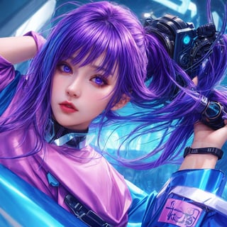 8k portrait,sole_female,purple hair,purple make up,blue_eyes,shades,cyberpunk,blue hair,long hair,augmented_body,mountains,colouration,detailed eyes,highly detailed,shirt,pencil skirt,face only,