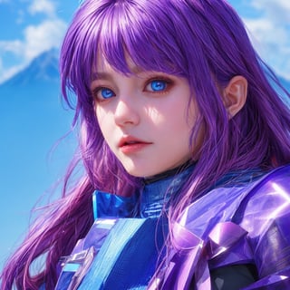 8k portrait,sole_female,purple hair,purple make up,blue_eyes,shades,cyberpunk,blue hair,long hair,augmented_body,mountains,colouration,detailed eyes,highly detailed,shirt,pencil skirt,face only.