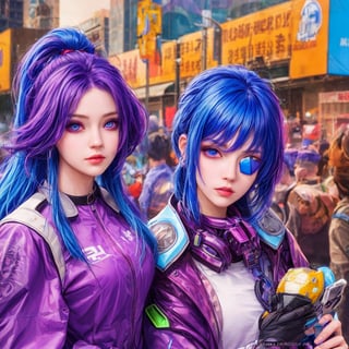 8k portrait,sole_female,purple hair,purple make up,blue_eyes,shades,cyberpunk,blue hair,long hair,augmented_body,mountains,colouration,detailed eyes,highly detailed.