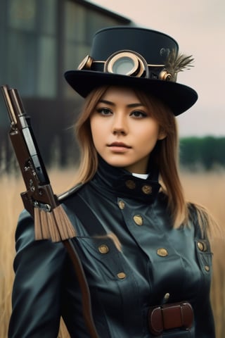 (masterpiece,best quality, ultra realistic, RAW photo), analog film photo girl with steampunk weapons and uniform, serious, finely detailed, made by wlop, artgerm, full body portrait, illustration, grass, sunny, sky, anime, side view, perfect anime face, detailed face, zoomed out, smooth, . faded film, desaturated, 35mm photo, grainy, vignette, vintage, Kodachrome, Lomography, stained, highly detailed, found footage