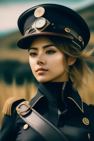 (masterpiece,best quality, ultra realistic, RAW photo), analog film photo girl with steampunk weapons and uniform, serious, finely detailed, made by wlop, artgerm, full body portrait, illustration, grass, sunny, sky, anime, side view, perfect anime face, detailed face, zoomed out, smooth, . faded film, desaturated, 35mm photo, grainy, vignette, vintage, Kodachrome, Lomography, stained, highly detailed, found footage