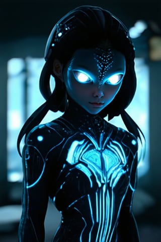 1girl, solo, upper body, blurry, blurry background, glowing, glowing eyes, science fiction, alien