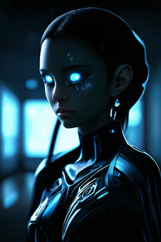 1girl, solo, upper body, blurry, blurry background, glowing, glowing eyes, science fiction, alien