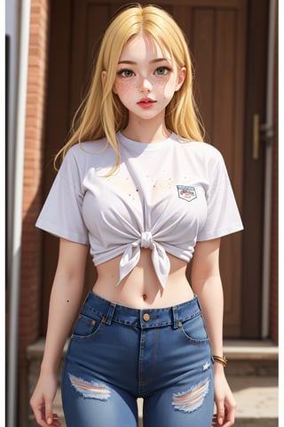 old style, 1girl, solo, looking at viewer, blonde hair, shirt, navel, standing, white shirt, short sleeves, cowboy shot, midriff, pants, arms up, lips, denim, t-shirt, clothes writing, freckles, jeans, realistic, tied shirt, poster (object), mole on stomach,