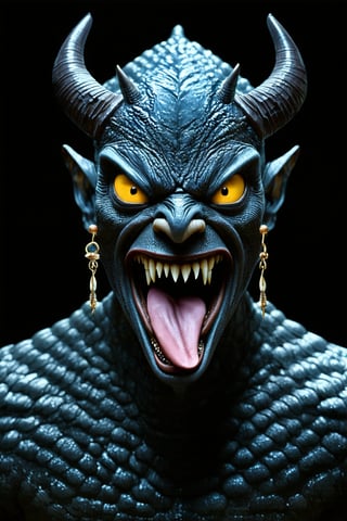 solo, looking at viewer, open mouth, simple background, jewelry, yellow eyes, earrings, horns, teeth, tongue, no humans, sharp teeth, black background, colored sclera, monster, scales