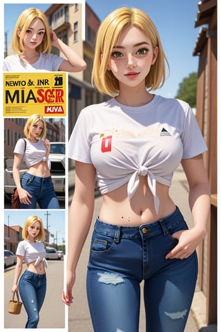 old style, 1girl, solo, looking at viewer, blonde hair, shirt, navel, standing, white shirt, short sleeves, cowboy shot, midriff, pants, arms up, lips, denim, t-shirt, clothes writing, freckles, jeans, realistic, tied shirt, poster (object), mole on stomach,