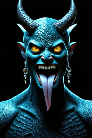 solo, looking at viewer, open mouth, simple background, jewelry, yellow eyes, earrings, horns, teeth, tongue, no humans, sharp teeth, black background, colored sclera, monster, scales