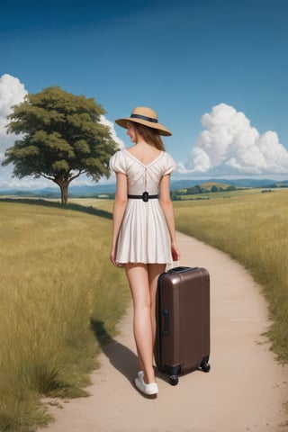 detailed landscape, 1girl, on a path, holding suitcase, noble dress, from back, facing away the viewer, long shot, blonde hair, long hair, hair with wind, looking at viewer, smiling, countryside, flat landscape, tree, outdoors, fantasy, blue sky, clouds, sunny, hat, cgi, masterpiece, best quality, very aesthetic, absurdres,