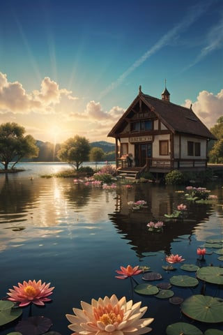 (extremely detailed CG unity 8k wallpaper),(((masterpiece))), (((best quality))), ((ultra-detailed)), (best illustration),(best shadow), ((an extremely delicate and beautiful)),dynamic angle, close-up of a small house by the lake, beautiful sunny summer day, water lilies in the lake blooming, lush plants, sunlight shining through the white clouds, bold colors, fairy tale, fantasy,wind,classic, (detailed light),feather, nature, (sunlight),beautiful and delicate water,(painting),(sketch),(bloom),(shine), high resolution, high contrast ratio, high detail, high texture, texture surreal high quality figure, ultra high quality, golden ratio