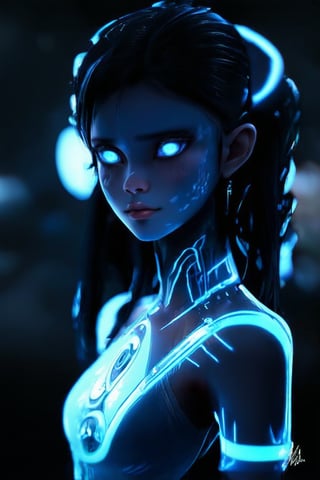 1girl, solo, upper body, blurry, blurry background, glowing, glowing eyes, science fiction, alien