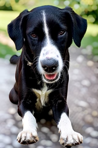 Cute black with a white stripe underneath neck, small female pit bull chihuahua mixed breed, big cute brown perfect eyes, detailed background with toys around the entire body of the dog standing on hind legs, paws, spotlight above the dog