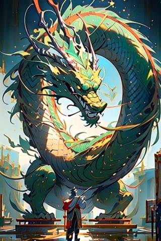 Black man foreground standing in a emerald green Chinese Martial Arts uniform, trimmed on gold and silver.  Chinese dragon made entirely of platinum, shimmering and glowing, intricate platinum texture, majestic and elegant, radiant silver hues, sparkling with light, (masterpiece: 2), best quality, ultra highres, original, extremely detailed, perfect lighting, fantasy theme, regal aura,long