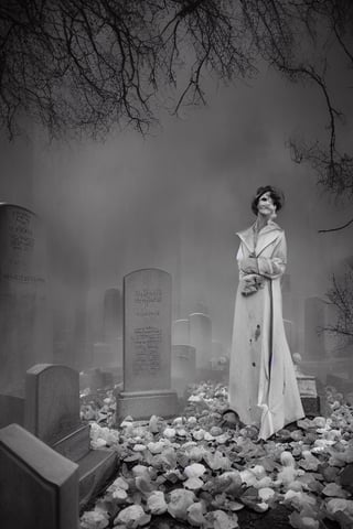 Painting, Vintage, Fine Details, Horror, One model, cinematic lighting, 1_woman, cemetery, full body, black and white