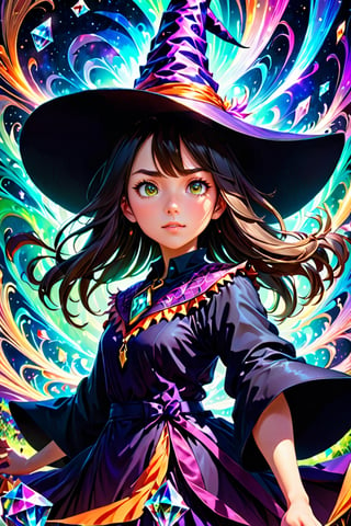 (Masterpiece, top quality, best quality, official art, beautiful and aesthetic) , (anime style) , 2D illustration, vibrant color, centered, focused shot, Instagram able, selfie, close up shot, gorgeous 1young witch, witch hat, witch dress, stray hair, magical aura, dynamic pose, (fractal art, zentangle) , (epic composition, epic proportion) , (abstract crystal background) , professional work, Makoto Shinkai, extremely detailed, high quality, 16K, highres, ultra details, finely detail, an extremely delicate and beautiful, extremely detailed, real shadow,