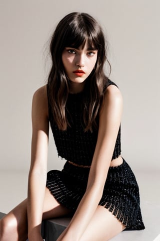 an editorial Photo of a 21-year-old model, vogue high-fashion-model, with a bored/Neutral expression, a MINIMALISTIC background, has full-liPs, short hair with bangs, 2023 catalog, sitting, soft leNSE