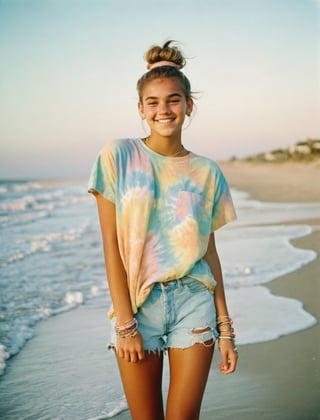 raw realistic photo of a pretty 17-year-old top shop girl model, with her beach hair in a messy bun, happy, wearing a pastel tye dye big shirt, bracelets, tan skin, film photo filter, shot on Kodak Ektar 100, full length, masterpiece, best quality