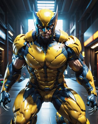 full body, facing the camera, hero pose, 3D rendering of [Wolverine], muscles, highly detailed eyes, highly detailed body with cybernetics and yellow and back armor, action pose, dynamic shot, intricately detailed, hdr, 8k, subsurface scatter , specular lighting, high resolution, octane rendering, ray tracing, neon,