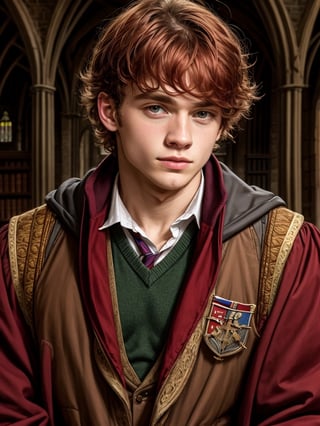 Smart fit man, Extremely detailed 25 years old Ron Wesley in Hogwarts, closeup, high detailing, red headed