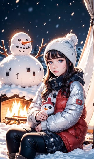 1 girl, snow, winter outfit, bonfire, sitting, tent, christmas tree, Christmas theme, cold, snowman, sunset, illustration,