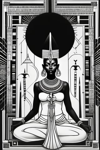 black woman, egyptian art, ankh, pyramid, djed,  illustration, black and white, clean, line art, fractal art, sacred geometry, black and white, adult black and white coloring book style, 432hz cymatics, kemet, african meditation, 7 energy chakras,Leonardo Style