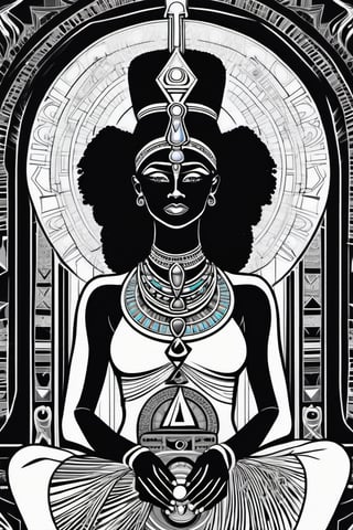 black woman, egyptian art, ankh, pyramid, djed,  illustration, black and white, clean, line art, fractal art, sacred geometry, black and white, adult black and white coloring book style, 432hz cymatics, kemet, african meditation, 7 energy chakras,Leonardo Style