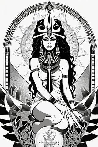 black woman, egyptian art, ankh, pyramid, djed,  illustration, black and white, clean, line art, fractal art, sacred geometry, black and white, adult black and white coloring book style, 432hz cymatics, kemet, african meditation, 7 energy chakras,Leonardo Style