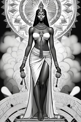 black woman, egyptian art, ankh, pyramid, djed,  illustration, black and white, clean, line art, fractal art, sacred geometry, black and white, adult black and white coloring book style, 432hz cymatics, kemet, african meditation, 7 energy chakras,Leonardo Style