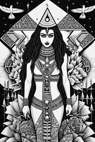 egyptian art, ankh, pyramid, djed,  illustration, black and white, clean, line art, fractal art, sacred geometry, black and white, adult black and white coloring book style, 432hz cymatics, kemet, african meditation, 7 energy chakras,Leonardo Style