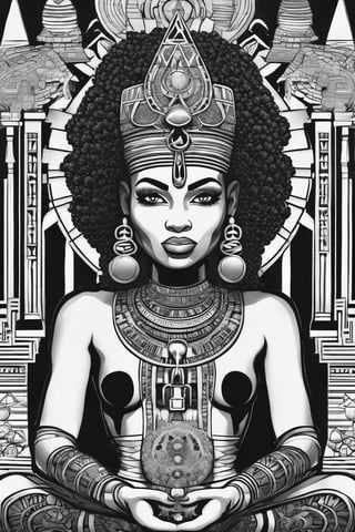 black woman, egyptian art, ankh, pyramid, djed,  illustration, black and white, clean, line art, fractal art, sacred geometry, black and white, adult black and white coloring book style, 432hz cymatics, kemet, african meditation, 7 energy chakras,Leonardo Style