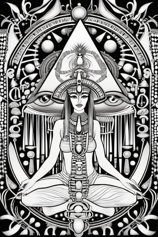 egyptian art, ankh, pyramid, djed, kundalini energy, illustration, black and white, clean, line art, fractal art, sacred geometry, black and white, adult black and white coloring book style, 432hz cymatics, kemet, african meditation, 7 energy chakras