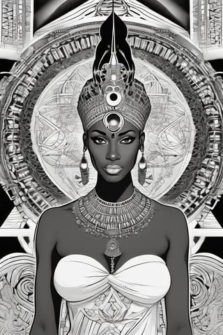 black woman, egyptian art, ankh, pyramid, djed,  illustration, black and white, clean, line art, fractal art, sacred geometry, black and white, adult black and white coloring book style, 432hz cymatics, kemet, african meditation, 7 energy chakras,Leonardo Style