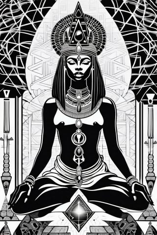 black woman, egyptian art, ankh, pyramid, djed,  illustration, black and white, clean, line art, fractal art, sacred geometry, black and white, adult black and white coloring book style, 432hz cymatics, kemet, african meditation, 7 energy chakras,Leonardo Style