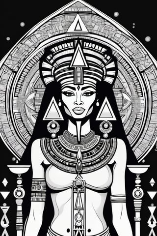 black woman, egyptian art, ankh, pyramid, djed,  illustration, black and white, clean, line art, fractal art, sacred geometry, black and white, adult black and white coloring book style, 432hz cymatics, kemet, african meditation, 7 energy chakras,Leonardo Style