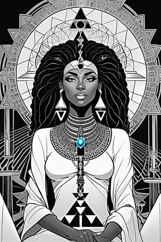 black woman, egyptian art, ankh, pyramid, djed,  illustration, black and white, clean, line art, fractal art, sacred geometry, black and white, adult black and white coloring book style, 432hz cymatics, kemet, african meditation, 7 energy chakras,Leonardo Style