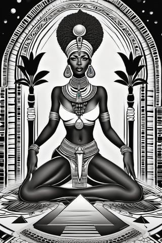 black woman, egyptian art, ankh, pyramid, djed,  illustration, black and white, clean, line art, fractal art, sacred geometry, black and white, adult black and white coloring book style, 432hz cymatics, kemet, african meditation, 7 energy chakras,Leonardo Style