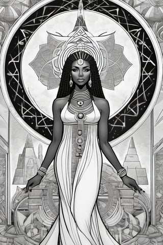 black woman, egyptian art, ankh, pyramid, djed,  illustration, black and white, clean, line art, fractal art, sacred geometry, black and white, adult black and white coloring book style, 432hz cymatics, kemet, african meditation, 7 energy chakras,Leonardo Style