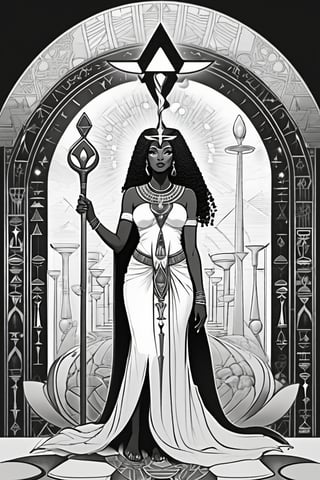 black woman, egyptian art, ankh, pyramid, djed,  illustration, black and white, clean, line art, fractal art, sacred geometry, black and white, adult black and white coloring book style, 432hz cymatics, kemet, african meditation, 7 energy chakras,Leonardo Style