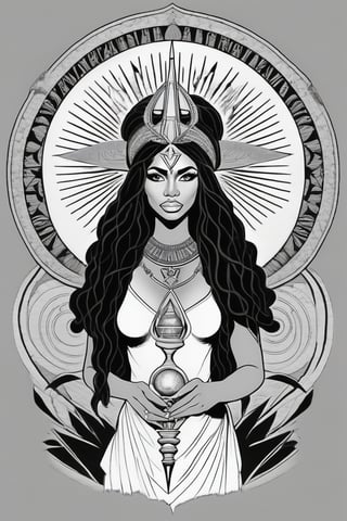 black woman, egyptian art, ankh, pyramid, djed,  illustration, black and white, clean, line art, fractal art, sacred geometry, black and white, adult black and white coloring book style, 432hz cymatics, kemet, african meditation, 7 energy chakras,Leonardo Style