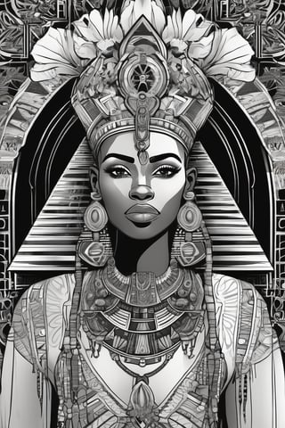 black woman, egyptian art, ankh, pyramid, djed,  illustration, black and white, clean, line art, fractal art, sacred geometry, black and white, adult black and white coloring book style, 432hz cymatics, kemet, african meditation, 7 energy chakras,Leonardo Style