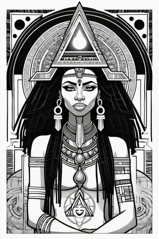 black woman, egyptian art, ankh, pyramid, djed,  illustration, black and white, clean, line art, fractal art, sacred geometry, black and white, adult black and white coloring book style, 432hz cymatics, kemet, african meditation, 7 energy chakras,Leonardo Style