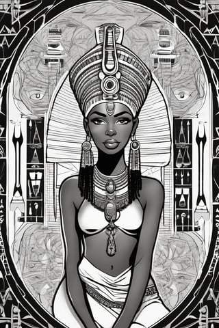 black woman, egyptian art, ankh, pyramid, djed,  illustration, black and white, clean, line art, fractal art, sacred geometry, black and white, adult black and white coloring book style, 432hz cymatics, kemet, african meditation, 7 energy chakras,Leonardo Style